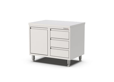 RVS Horeca Werkbank | kanteldeur | 3 laden Links | 1000x700x900(h)mm