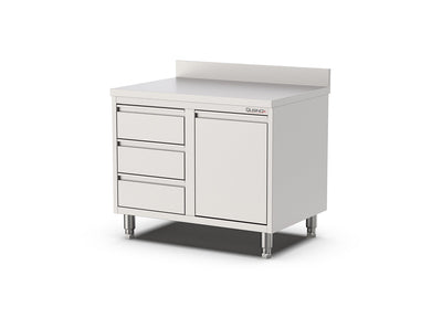 RVS Horeca Werkbank kanteldeur | 3 laden Links | Opstaande rand | 1000x700x900(h)mm
