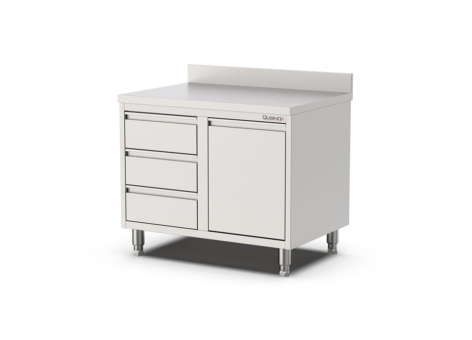RVS Horeca Werkbank kanteldeur | 3 laden Links | Opstaande rand | 1000x700x900(h)mm