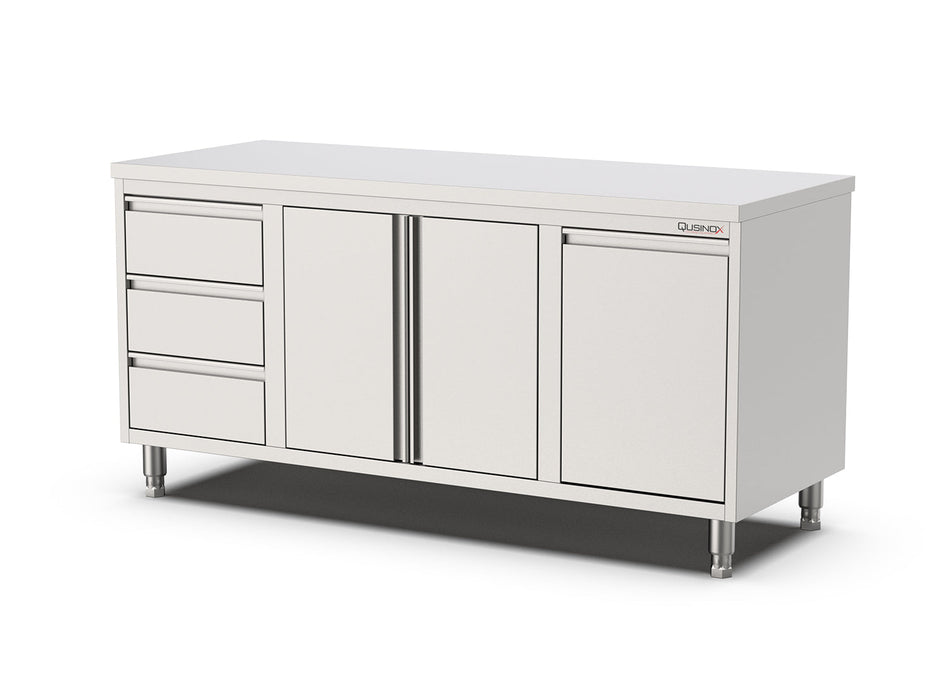 RVS Horeca Werkbank met Draaideuren | kanteldeur en 3 laden Links | 1800x700x900(h)mm