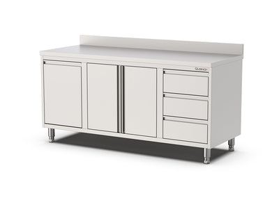 RVS Horeca Werkbank met Draaideuren | kanteldeur en 3 laden Links | Opstaande rand | 1800x700x900(h)mm