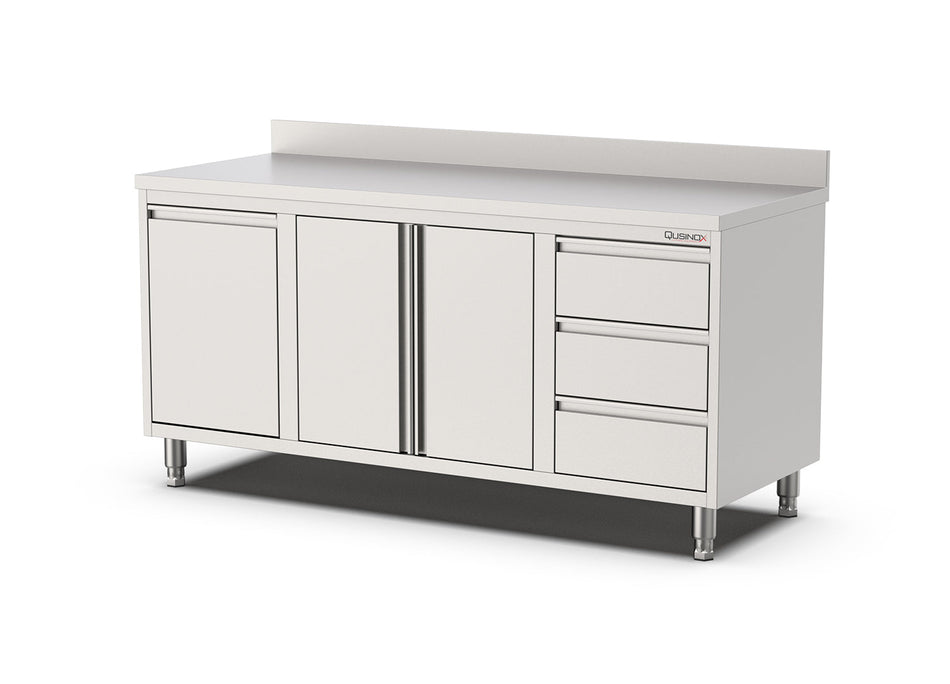 RVS Horeca Werkbank met Draaideuren | kanteldeur en 3 laden Links | Opstaande rand | 1800x700x900(h)mm