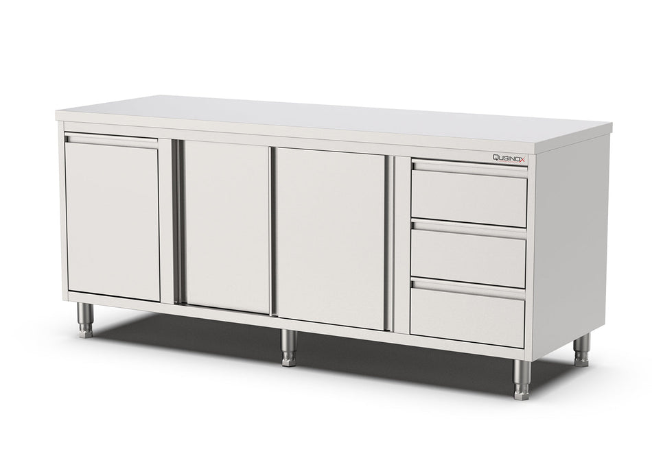 RVS Horeca Werkbank met Schuifdeuren | kanteldeur en 3 laden Rechts | 2000x700x900(h)mm