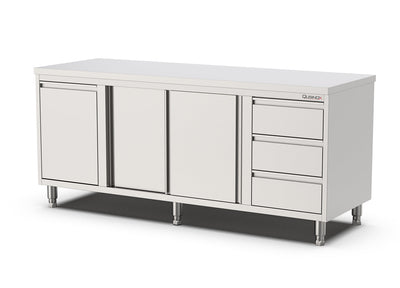 RVS Horeca Werkbank met Schuifdeuren | kanteldeur en 3 laden Links | 2000x700x900(h)mm