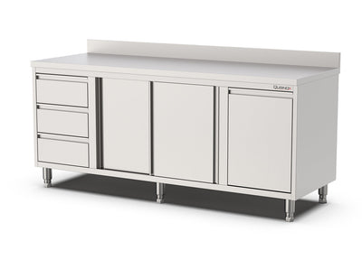 RVS Horeca Werkbank met Schuifdeuren | kanteldeur en 3 laden Links | opstaande rand | 2000x700x900(h)mm