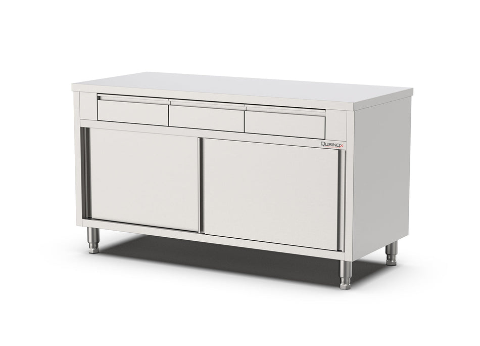 RVS Horeca Werkbank Schuifdeuren met 3 Laden boven | 1600x700x900(h)mm