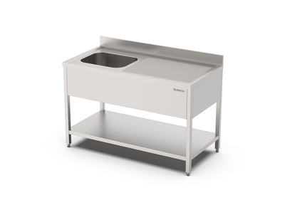 RVS Spoeltafel met bodemschap | Demontabel | 2 Bak Links | Opstaande rand | 1400x700x900(h)mm