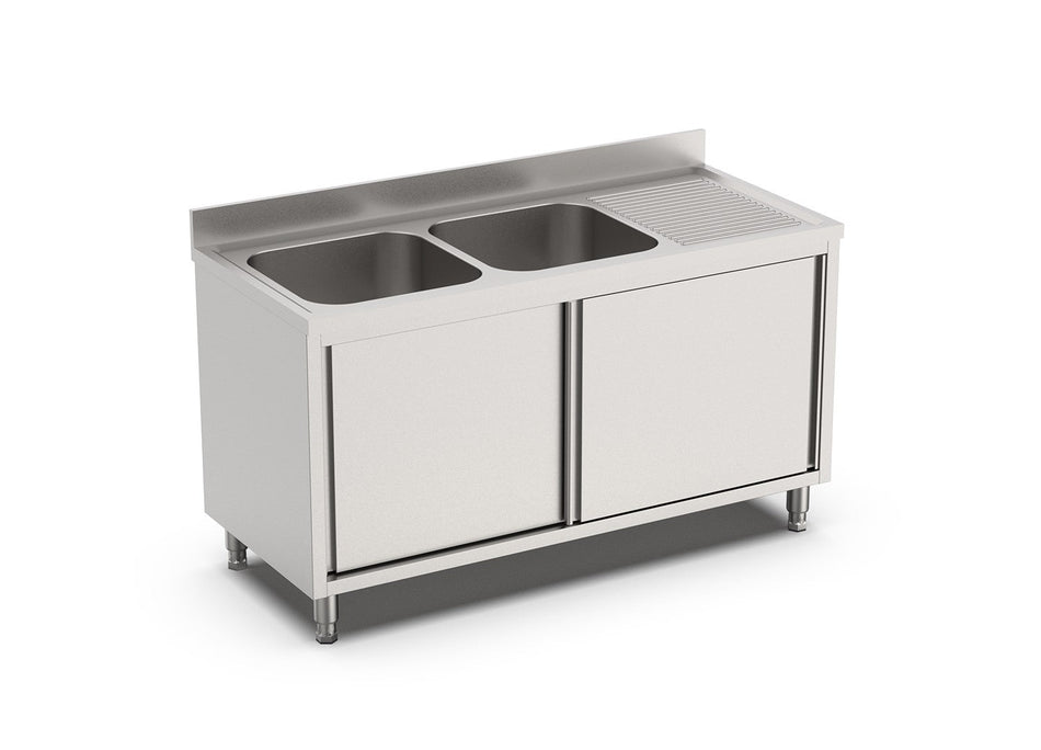 RVS Spoeltafel met schuifdeuren | 2 Bak Links | Opstaande rand | 1400x700x900(h)mm