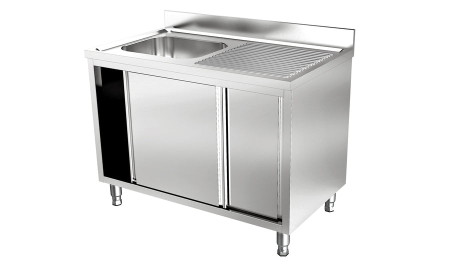 RVS Spoeltafel met schuifdeuren | 1 Bak Links | Opstaande rand | 1200x700x900(h)mm