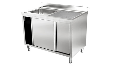 RVS Spoeltafel met schuifdeuren | 1 Bak Links | Opstaande rand | 1400x700x900(h)mm
