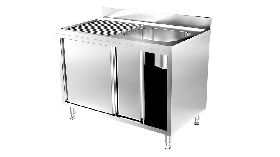 RVS Spoeltafel met schuifdeuren | 1 Bak Rechts | Opstaande rand | 1000x700x900(h)mm