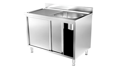 RVS Spoeltafel met schuifdeuren | 1 Bak Rechts | Opstaande rand | 1200x700x900(h)mm