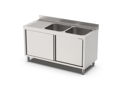 RVS Spoeltafel met schuifdeuren | 2 Bak Rechts | Opstaande rand | 1400x700x900(h)mm