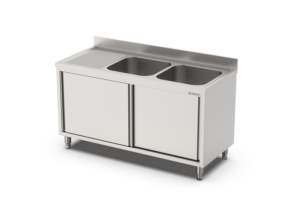 RVS Spoeltafel met schuifdeuren | 2 Bak Rechts | Opstaande rand | 1600x700x900(h)mm