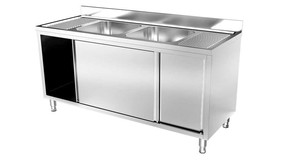 RVS Spoeltafel met schuifdeuren | 2 Bak Midden | Opstaande rand | 2000x700x900(h)mm