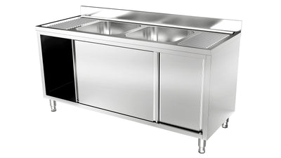 RVS Spoeltafel met schuifdeuren | 2 Bak Midden | Opstaande rand | 1800x700x900(h)mm