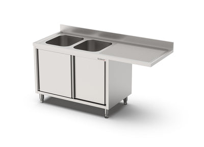 RVS Spoeltafel voor vaatwasser voorlader met Draaideur | 2 bak Links 400x500x250 | 1600x700x900(h)mm