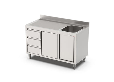 RVS Spoeltafel met schuifdeuren en 3 laden | 1 Bak Rechts | Opstaande rand | 1400x700x900(h)mm