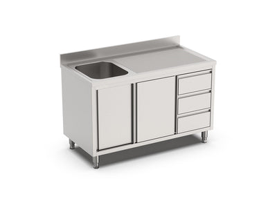 RVS Spoeltafel met schuifdeuren en 3 laden | 1 Bak Links | Opstaande rand | 1400x700x900(h)mm