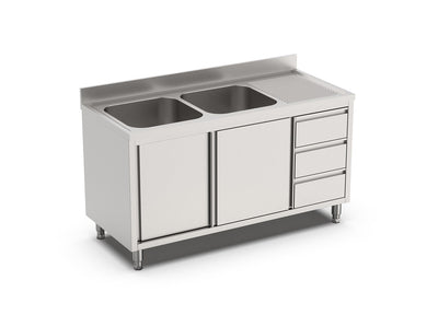 RVS Spoeltafel met schuifdeuren en 3 laden | 2 Bak Links | Opstaande rand | 1600x700x900(h)mm