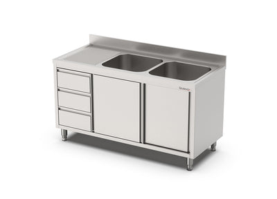 RVS Spoeltafel met schuifdeuren en 3 laden | 2 Bak Rechts | Opstaande rand | 1600x700x900(h)mm