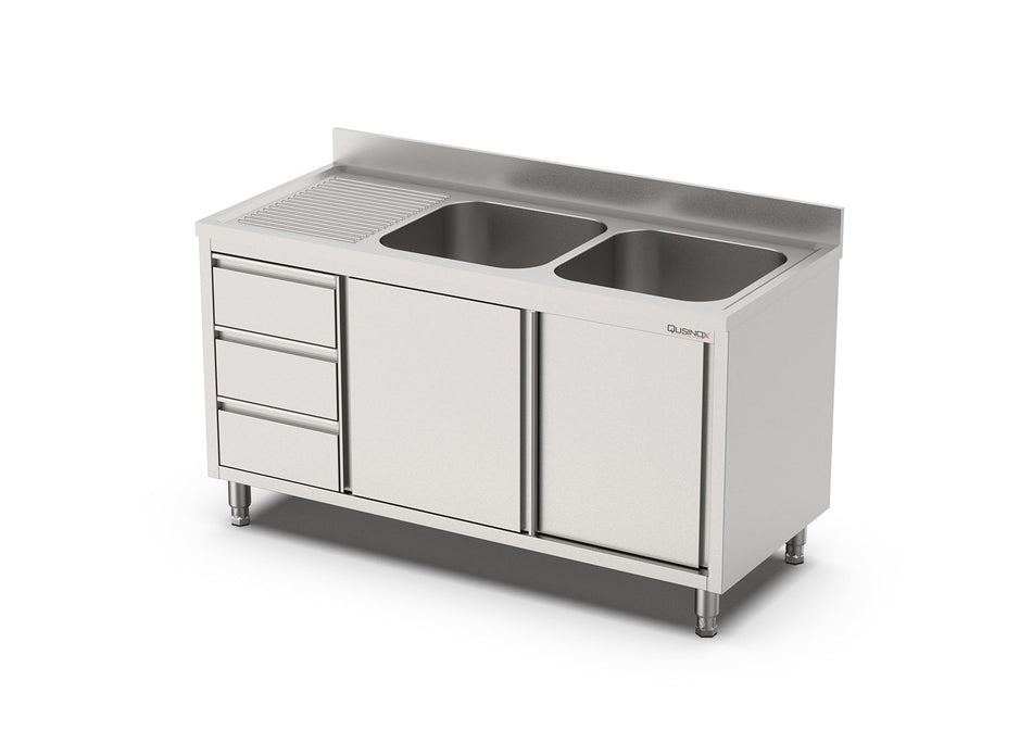 RVS Spoeltafel met schuifdeuren en 3 laden | 2 Bak Rechts | Opstaande rand | 2000x700x900(h)mm